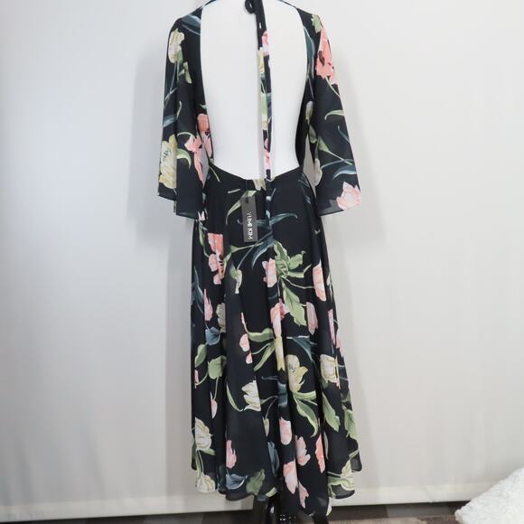 Yumi Kim Black Floral Open Back A-line V-neck Midi Dress Bell Sleeves Size Small - Picture 5 of 10